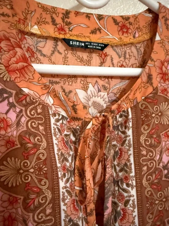 Boho Mini Dress Rust Floral Paisley Cottagecore Western Festival Summer Large - Picture 7 of 11